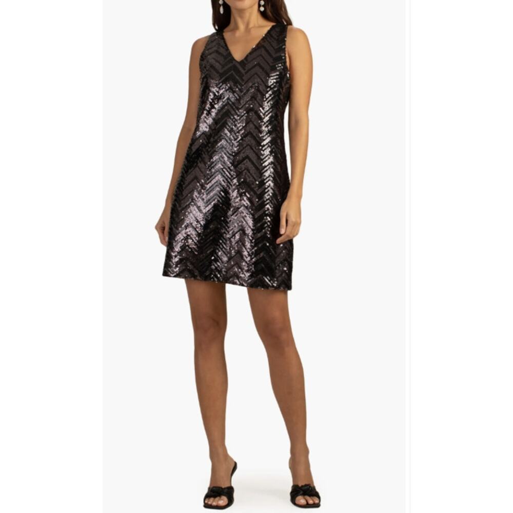 Trina Turk Black Sequin Sleeveless A-Line Mini Shift Dress V-Neck Size 4 / Small